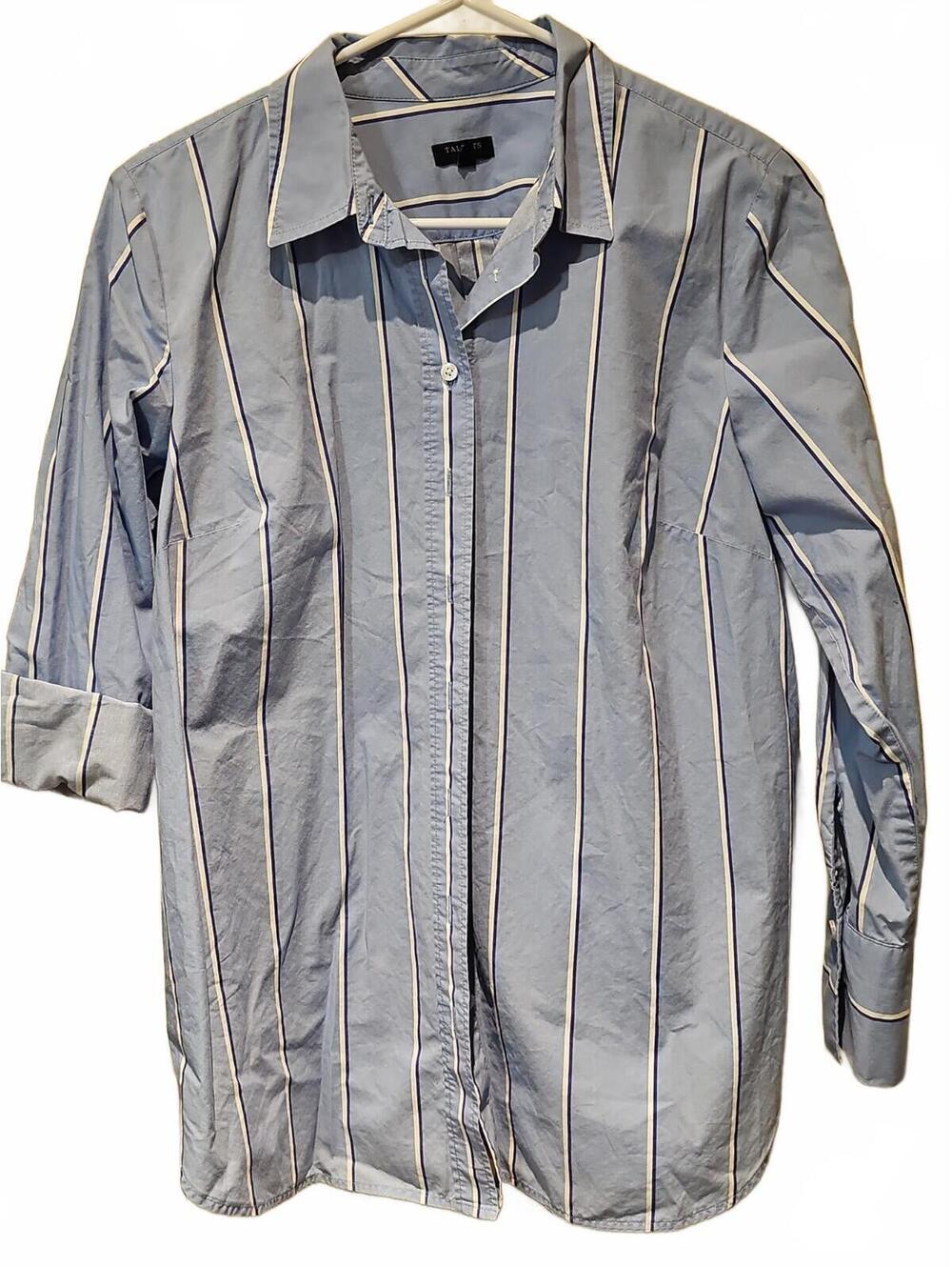 Talbots Size MP Striped Button Long Sleeve Collared Shirt Blue Career